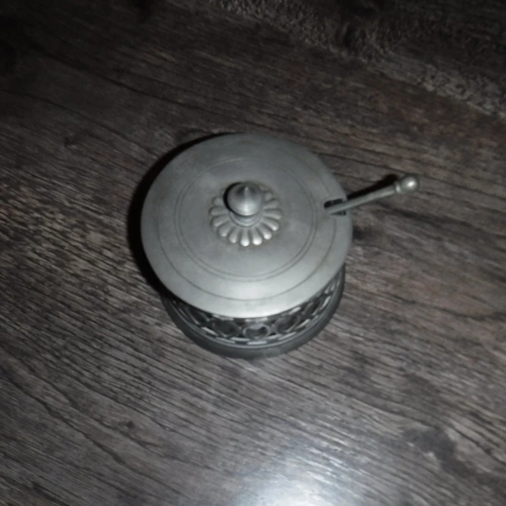 Vintage Pewter Sugar Bowl with Spoon Ornate‎ Lattice Lid